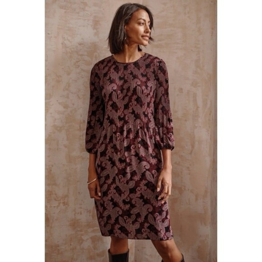 J Jill WearEver Sunburst Paisley Print Pleated Midi‎ Dress Plum Black Size S
